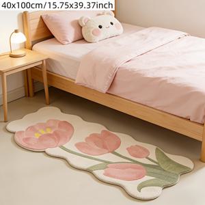 TEMU 인조 캐시미어 울트라 소프트 크림리프 바람 튤립 침대 옆 긴 스트립 불규칙 러그 산뜻한 자연스러운 화장대 매트 라이트 럭셔리 하이엔드 워크인 클로셋 워셔블 카펫 부드러운 푹신한 거실 장식 한국 스타일 거실 소파 영역 미끄럼 방지 매트