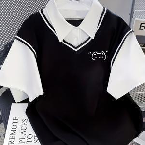 TEMU 여성 2026 봄/여름 트렌디 브랜드 귀여운 고양이 프린트 폴로 셔츠 반팔 여성 홍콩 스타일 BF 게으른 스타일 다용도 탑