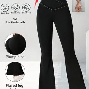 TEMU 여성용 하이 크로스웨이스트 와이드 레그 플레어 팬츠 - 단색 텀미 레깅스, 데일리웨어, 봄 여름 가을용, 기계 세탁 가능, 벨트리스 허리 (비침 없음)