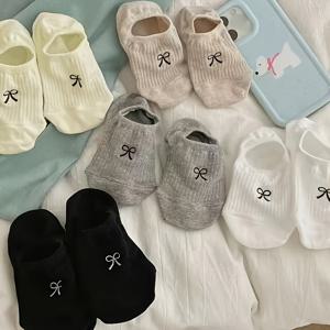 TEMU 여성용 보우노트 보트 삭스 5켤레, 패셔너블하고 활용도 높은 귀엽고 달콤하며 프레피 스타일의 반삭스, 심플한 단색 여성용 인비zorible 양말