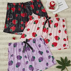 TEMU 딸기 프린트 파자마 반바지 3pcs - 디테일이 있는 짧은 잠옷 바지, 핑크/블랙/퍼플 과일 나이트가운, 봄 여름 가을용, 기계 세탁 가능한 홈 라운지 & 슬립웨어
