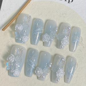 TEMU 연한 파란색의 핸드메이드 긴 발레 모양 세트, 섬세한 반짝이와 입체적인 꽃과 나비가 부드러운 로맨스로 장식된 10개 세트 - 네일 파일 및 젤리 필름 포함