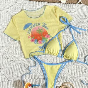 TEMU 26ss 신상 여성용 메쉬 오버레이 프린팅 삼각형 비키니 탑, 비키니 세트의 일부, 여름 시즌 캐주얼하고 섹시한 해변 휴가에 적합