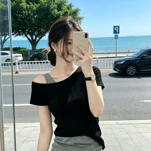TEMU 여성용 신상 여름 오프숄더 모크 2피스 반팔 티셔츠