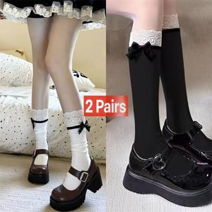 TEMU 레ース 트림과 디테일이 있는 달콤한 보우노트 슬라우치 양말 2켤레 - 화이트 중목 종아리양말, JK 스타일, 교복, 캐주얼 복장에 적합, 세탁기 사용 가능