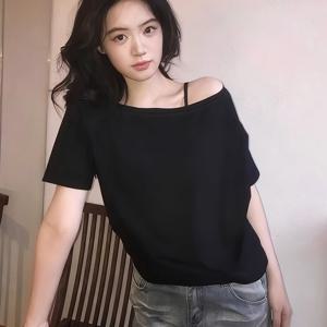 TEMU 여성용 Y2K 오프숄더 반팔 티셔츠 - 신축성 높은 원숄더 탑, 루즈핏 솔리드 블랙 블라우스형 셔츠, 여름 캐주얼웨어, 레이어링 & 데일리룩에 적합