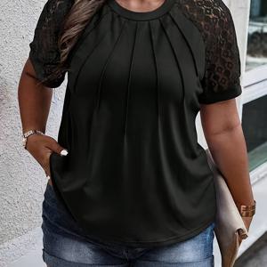 TEMU 플러스 사이즈, 플러스 사이즈 우아한 레이스 트림 블라우스 - 숏 슬리브 라운드 넥 탑, 레이스 에징, 솔리드 컬러 - 숏 슬리브 셔츠, 세탁기 사용 가능한 루즈핏 블라우스, 세미 포멀 & 캐주얼 복장 2418