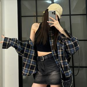 TEMU 한국 스타일 빈티지 롱슬리브 체크 셔츠 재킷, 봄, 여름, 가을용, 스타일, 니치, 루즈핏, 다용도, 라펠 셔츠, 트렌디
