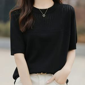 TEMU 여성용 우아한 여름 블라우스 - 통기성 아이스 실키 섬유 비침투 탑, 가벼운 여성 셔츠, 사무실·파티·일상복 - 부드러운 라운드넥 반소매 캐주얼 의류, 고품질 소재