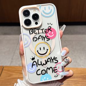 TEMU 휴대폰 케이스 - 애플 및 삼성 시리즈용 창의적인 투명 마그네틱 휴대폰 케이스. 'Better Days Always Come' 문구와 스마일리 얼굴 디자인 특징. 남녀 모두를 위한 스타일리시하고 보호 하드 쉘