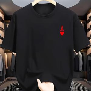 TEMU 남성 캐주얼 티셔츠 - 블랙에 빨간색 기하학적 하트 프린트, 100% 면 220GSM, 통기성 루즈핏 라운드 넥 반팔 여름 야외 및 휴일 테마(할로윈/크리스마스), 편안한 풀오버, 편안한 의류, 부드러운 질감의 셔츠, B