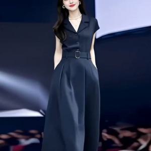 TEMU 2026 여름 고급스러운 성격 슬리밍 심플 우아한 넉넉한 V넥 성격 통근복 드레스 (벨트 포함)