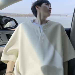 TEMU 남성용 패션 V넥 반팔 티셔츠, 2-in-1 룩 디자인, 와플 소재와 루즈핏, 야외 레저, 스포츠, 하이킹에 적합