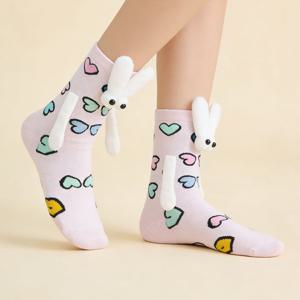 TEMU 귀여운 토끼 귀 장식이 있는 여성용 흰색 양말 1켤레, 활용도 높고 부드러움, 통기성, 신축성, 조이지 않음, 다양한 의류와 매치하기 쉬움