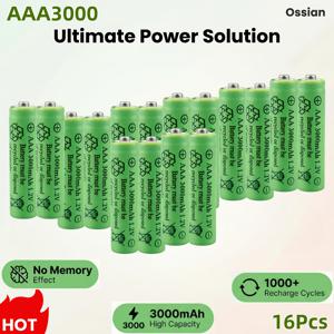 TEMU Ossian 8/16/24개 AAA 1.2V 3000mAh 충전식 니MH 배터리 (가정용 일상 전자 제품 게임 컨트롤러용, 태양광 정원등, 리모컨, 장난감, 알람 시계, 무선 마우스, 키보드, 손전등, 카메라, 전기 면도기 등에 적합)