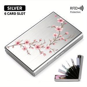 TEMU 핑크 복숭아꽃 가지 패턴 RFID 도난 방지 남녀공용 메탈 카드 홀더, 팝업 디자인, 듀얼 경험을 위한 초슬림 프로스트 카드 클립, 남녀공용 팝업 메탈 카드 보호대, 안전한 카드 보관, 패션 액세서리, 신용카드 홀더, 카드 정리함