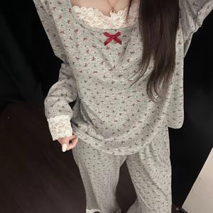 TEMU 한국 스타일의 달콤한 여학생용 리본 프린트 잠옷 여성 봄 가을 레이스 장식 라운드넥 긴팔 긴 바지 홈웨어 세트