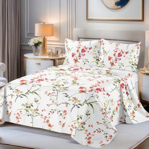 TEMU 3pcs 세트 봄/여름 레트로 유럽/미국 스타일 라이트 럭셔리 패션 클래식 레드 플라워 그린 잎 침구 침대 시트 베갯잇 조합, 플랫 침대 시트 1개, 베갯잇 2개 포함