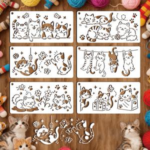 TEMU 귀여운 고양이 페인팅 스텐실 6개 세트, 재사용 가능한 PET 플라스틱 고양이 드로잉 टेম플릿, 천, 저널, 티셔츠, 베개 커버, 토트백 및 공예 장식용 다양한 아기 고양이와 발바닥 패턴 스텐실