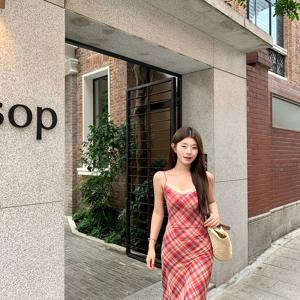 TEMU 프렌치 스타일 정교한 레ース 트림 격자무늬 원피ース, 여성용 여름 유니크 디자인 허리 조임 A라인 바디콘 스파게티 스트랩 맥시 드레스