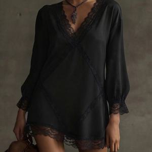 TEMU 여성용 빈티지 엘레강스 레이스 트림 브이넥 밑단 긴소매 미니 드레스, 할로윈, 다크 스타일, 활용도 높은 파티 및 데이트 드레스