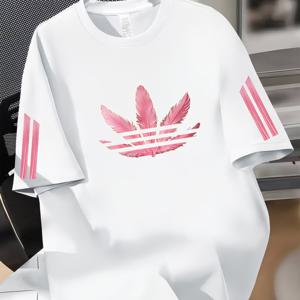 TEMU 핑크 깃털 클로버 프린트 티셔츠, 남성용 운동 캐주얼 반팔, 활용도 높은 상의