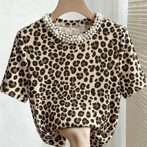 TEMU 여성용 캐주얼 라운드넥 켄스트라이프 프린트 입체 진주 장식 반팔 티셔츠