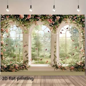 TEMU 2D 평면, 포스터 및 프린트 2D 평면, 1개, 5가지 사이즈 옵션 선택 가능, 꽃과 나비가 있는 세 개의 아치형 창문, 초현실적, 사진 배경으로 사용, . 축제, 마당, 스튜디오, 가정 및 정원 축하, 사진 스튜디오용 다목적 장식, 2D 평면