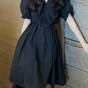 TEMU 여성용 신상 여름 블랙 나이 감추는 러플 칼라 미니 스커트 브이넥 끈으로 조절하는 허리끈 셔츠 퍼프 슬리브 프렌치 스타일 원피스