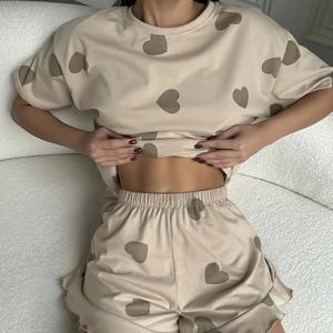 TEMU 루즈핏 반팔 러플 쇼츠 2피스 세트, 여성용 하트 패턴 홈웨어, 캐주얼하고 편안한 소프트 패브릭 파자마, 여성용 봄 여름 홈웨어