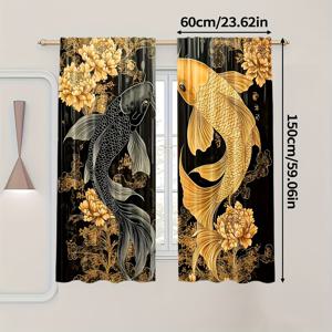 TEMU 2개 세트, 러스틱 시크 커튼, 잉어 프린트 - 클래식 길조 패턴, 100% 폴리에스터, 침실, 사무실, 주방, 거실, 공부방 및 홈 데코용 완벽, (막대기 없음)