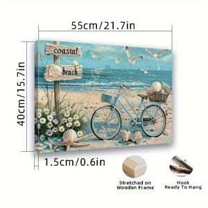 TEMU 2D 플랫, 2D 플랫, 나무 프레임 캔버스 그림 - 해변 바다 조개 해안 자전거 아트워크 침실 장식용
