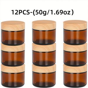 TEMU 12개 갈색 유리 병, 20G/30G/50G 빈 유리 용기 (PP 라이너 및 플라스틱 우드 그레인 캡 포함), 휴대용 크림 용기, 방수 크림 용기, 화장품 디스펜서 용기, , 모이스처라이저, 파운데이션, 로션, 점용, 젤에 적합