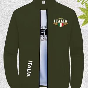 TEMU 남성용 개별 프린트 폴로넥 지퍼업 재킷, 이탈리아 스탬프 및 ITALIA 텍스트 열전사 공예, 레귤러 핏 포켓, 어반 스트리트웨어, 캐주얼 웨어에 적합, 스티칭, 간편한 패션 프린트 지퍼업 탑 코트