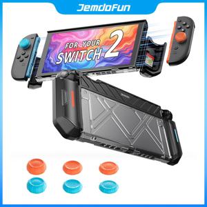 TEMU JEMDOFUN Switch2 통합형 플러그형 베이스 올인클루시브 블랙 투명 하드 쉘, 낙하 및 압력 방지, 분리형 미끄럼 방지 핸들 그립 게임 카드 보관 보호 케이스, 로커 캡 6개 포함
