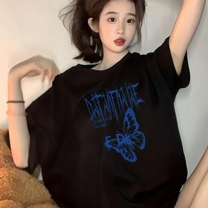 TEMU 플러스 사이즈, 여성용 오버사이즈 티셔츠 - 검정 & 파랑 나비 그래픽 - 부드러운 데일리 캐주얼 & 포멀 탑 - 일본/한국 패션 루즈핏 - 봄/여름/가을 필수 아이템, 심플하고 스타일리시한 상의, 내구성 있는 캐주얼 의류, 중간 신축성 원단
