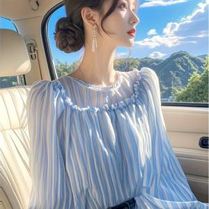 TEMU 여성 블라우스 프릴 라운드넥 셔링 셔츠 퍼프소매 루즈핏 체형커버 UV차단 쉬폰 라이크 페미닌 오피스룩 하객룩 데이트룩 꾸안꾸 블루