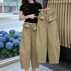 TEMU 여성 캐주얼 바지 레이스 장식 허리밴드 커브 와이드팬츠 빅사이즈 워크팬츠