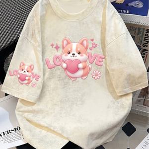 TEMU 여성용 & 커플용 매칭 티셔츠 - 부드럽고 귀여운 강아지 프린트 반팔 라운드 넥 루즈핏 タイダイ 블라우스와 어울리는 상의 | 봄 여름 캐주얼 스트리트웨어, 평상복에 적합, 기계 세탁 가능한 강아지 테마 의상