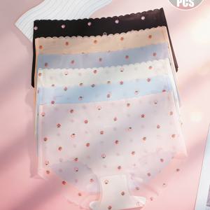 TEMU 6개입 반투명 아이스 여성 브리프, 귀여운 딸기 프린트 삼각 속옷, 물결 모양 가장자리 통기성 속옷, 심리스 핏, 초박형 및 속건성, 아무것도 입지 않은 것 같은 편안함, 데일리룩으로 적합
