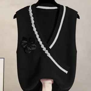 TEMU 여성 봄/가을 신상 진주 꽃 진주 조끼 풀오버 V넥 스웨터
