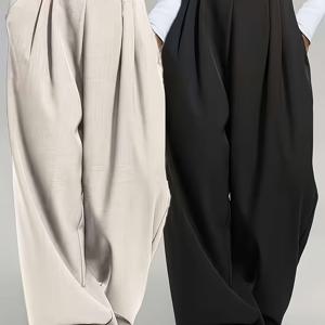 TEMU 2개 여성용 우아한 와이드 레그 팬츠, 세로 주름 및 포켓 디자인 - 하이웨이스트 풀 레인지 트라우저, 올 시즌에 적합한 구조적인 논스트레치 원단, 프로페셔널 및 세미 포멀 웨어 - 엘레강스 스페셜 컬렉션