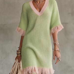 TEMU 여성 여름 신상 스타일 태슬 드레스, V넥 디자인으로 얼굴 모양을 바꿔줌, 루즈 버전으로 살을 가리고 얇아 보이게 함, 커프스 및 밑단의 대비되는 색상의 태슬 디자인은 장난기 넘치며 봄에 적합합니다.