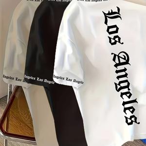 TEMU 남성용 로스앤젤레스 고딕 레터 프린트 반팔 티셔츠 3피스 세트, 캐주얼 아메리칸 빈티지 상의