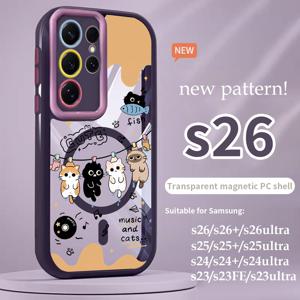 TEMU 휴대폰 케이스 - 고양이 패턴, 갤럭시 S26/S6 울트라/S6 플러스 호환, 낙하 방지 투명 마그네틱 폰 케이스, 창의적인 만화 패턴 디자인, 고급 풀커버 렌즈, 하드 쉘 보호 커버