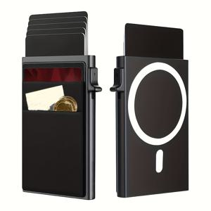 TEMU 남성용 RFID 차단 자석 카드 홀더 - 슬림 자동 팝업 지갑, 원뷰, 블랙 메탈 디자인, 휴가 및 일상 사용에 완벽, 지갑 카드 홀더, 모던 액세서리, 내구성 있는 구조