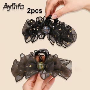 TEMU 2개 AYLHFO 신상 메시 리본 반짝이는 라인스톤 아크릴 헤어 클립 세트, 여성 패션 스타일 멀티 레이어 메시 리본 헤어 클립, 대형 미끄럼 방지 상어 클립, 데일리 및 휴일 파티 착용에 적합