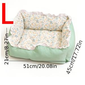 TEMU Adorable Floral Bed Duo - Sage Green Square & Bla Rectangle Suitable for Cats, Frilled Trim & Cozy Inner Cushion, Soft Pet Bed for Bedside or Sofa, Modern Decor for Kittens and Cats