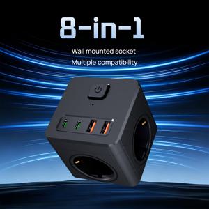 TEMU 3-면 교류 콘센트 디자인의 7-in-1 벽면 멀티탭, USB 포트 2개, Type-C 포트 2개, 마스터 전원 스위치 포함. 공간을 절약해주는 컴팩트한 벽면 멀티탭으로 가정, 침실, 거실, 사무실, 선물용으로 적합. 블랙, 화이트, 퍼플 색상 제공