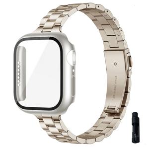 TEMU Apple Watch 38mm 40mm 41mm 42mm 44mm 45mm 46mm 49mm 호환 슬림 스테인리스 스틸 밴드 + 강화유리 화면 보호 필름 케이스, iWatch Ultra 시리즈 11 10 6 5 4 3 2 1 SE용 조절 가능한 공구 포함 메탈 스트랩